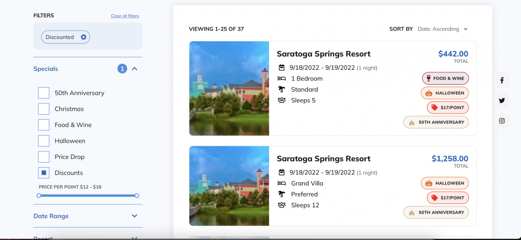 Confirmed Reservations page of DVC Rental Store Website